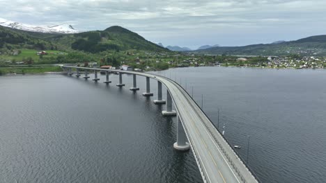 aerial above tresfjord bridge close to molde in western norway