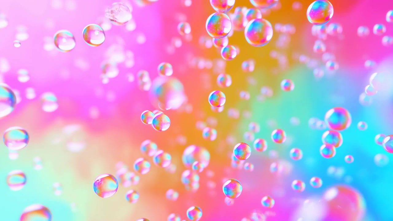 Gotas de Arco-Íris Flutuam Sobre Fundo Multicolorido, Tons Pastel Vibrantes Com Reflexos Cintilantes, Divertido