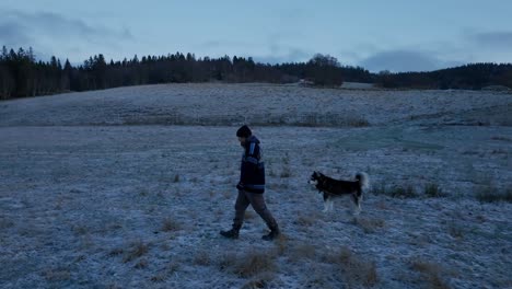 indre fosen, trondelag county, norway - in november, a man walks alongside his dog through the farm - tracking shot