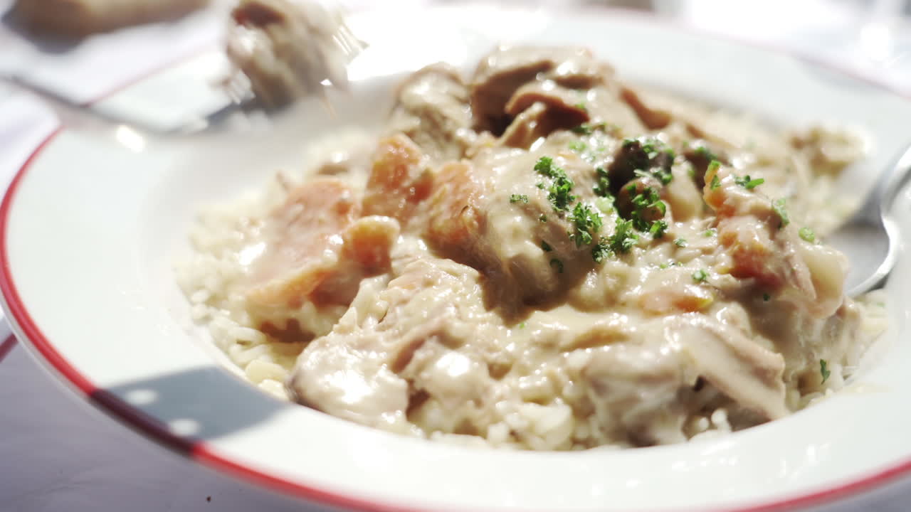 전통적인 프랑스 요리 인 blanquette de veau veau stew의 클로즈업