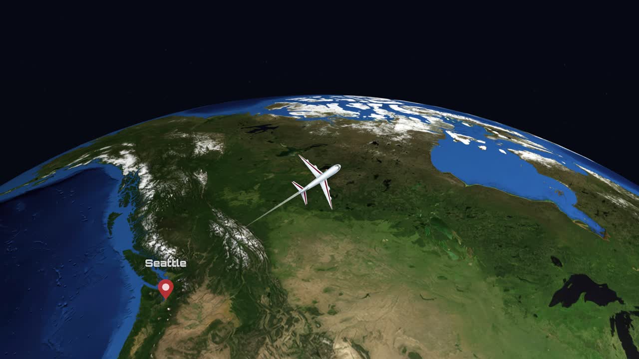 A commercial airplane flies across a 3D globe from Seattle to Frankfurt with labels