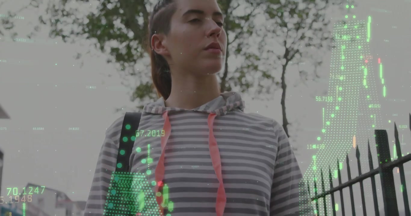 Woman carrying yoga mat stepping on asphalt initiating data overlays monitoring fitness