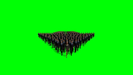 businessmen with a businesswoman in front forming arrow shape pointing down, 4k, against green screen