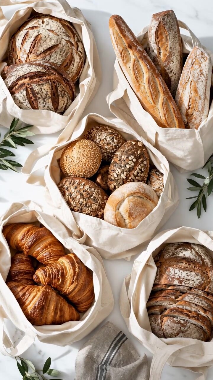 Top-down composition shows round flour-dusted loaves, long baguettes, mixed rolls, golden croissants and sliced dark bread in reusable cloth bags under bright light and soft shadows.