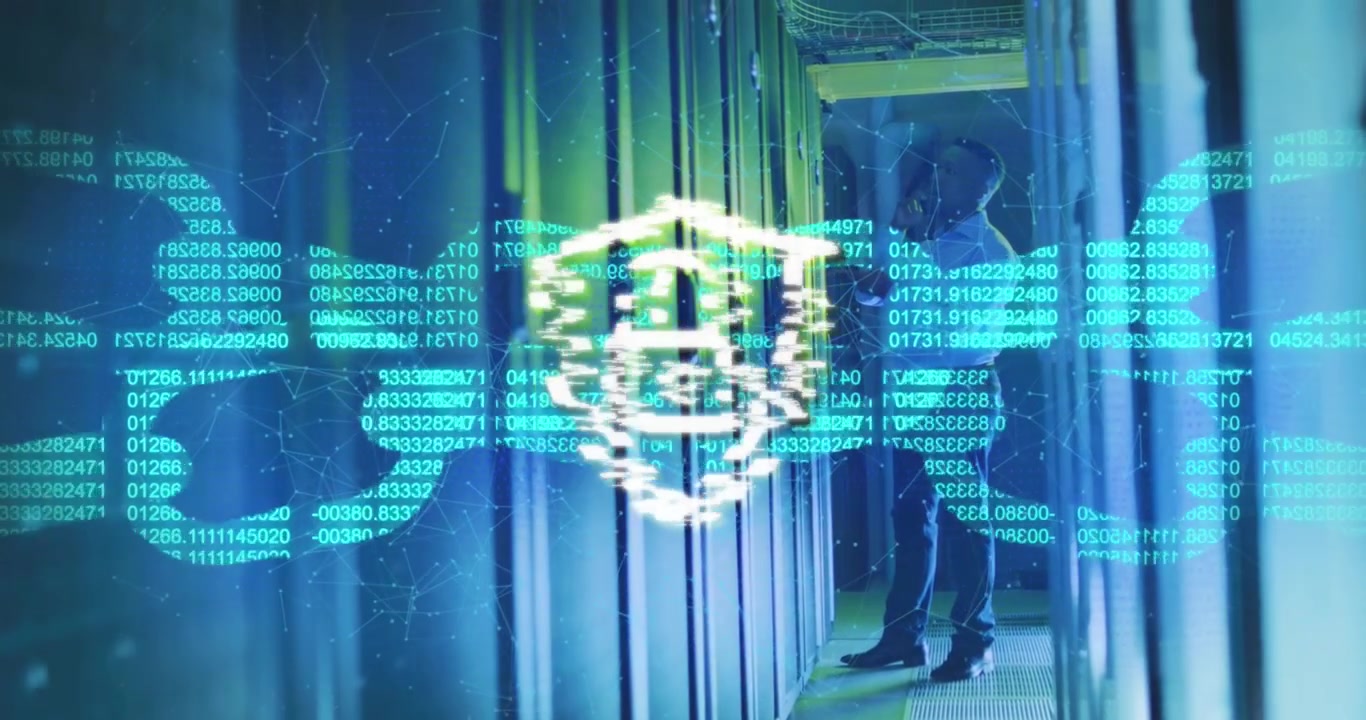 Animation of security padlock and chain icon against african american man working at server room