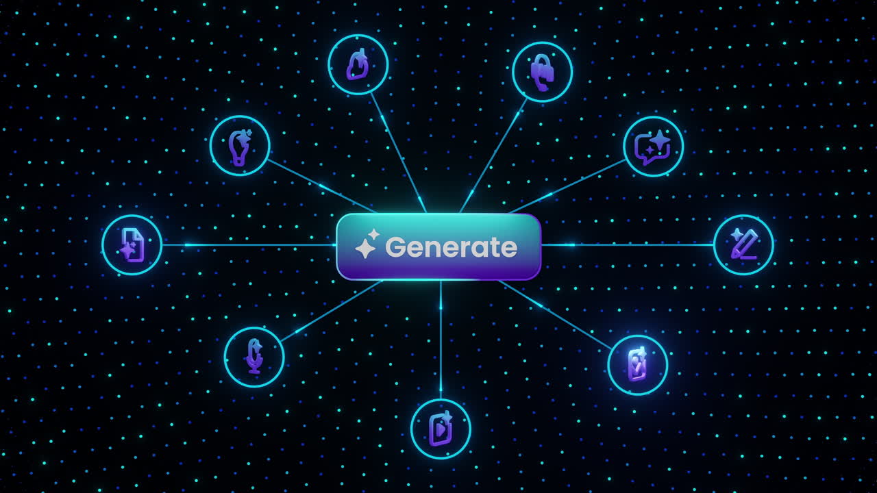 AI generation concept with glowing "Generate" button and technology icons surrounding it, visualizing artificial intelligence capabilities in media creation, automation, and content tools