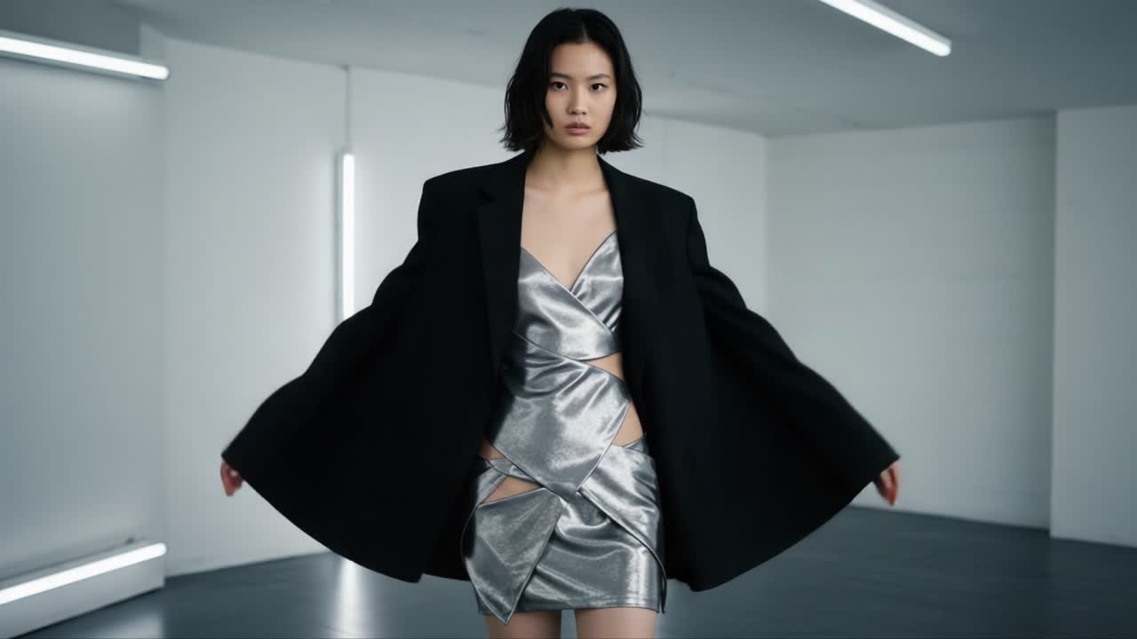 A Fashion Model Showcasing an Elegant Silver Dress with Tailored Blazer in a Minimalistic Studio Setting, Highlighting Modern Style and Sophistication