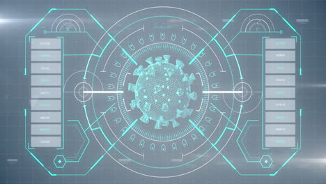 Animation of macro coronavirus Covid-19 cell analyzed on a screen with medical information