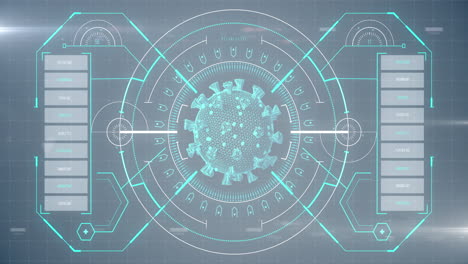 animation of macro coronavirus covid-19 cell analyzed on a screen with medical information