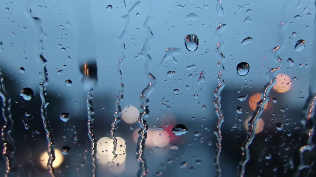 Captivating View Through Rain-Laden Glass: A Glistening Display of Droplets Merging With Softly Blurred Lights on a Gloomy, Overcast Day