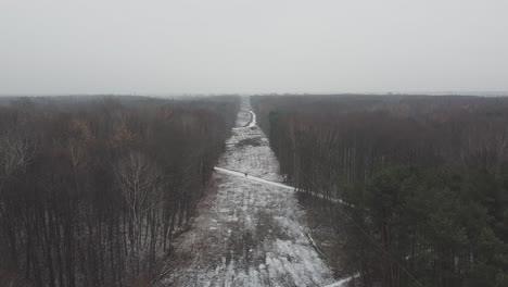 Drohnenvideo-Einer-Symmetrischen-Linie-Und-Einer-Waldstraße-Mit-Verschneiter-Landschaft