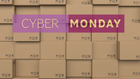 animation of cyber monday text over stack of cardboard boxes in warehouse