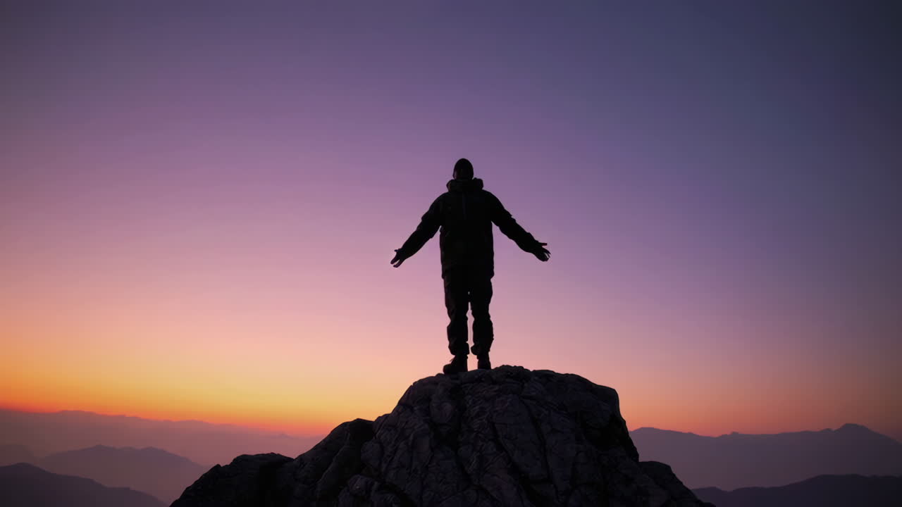 Man on Mountain Summit at Sunrise