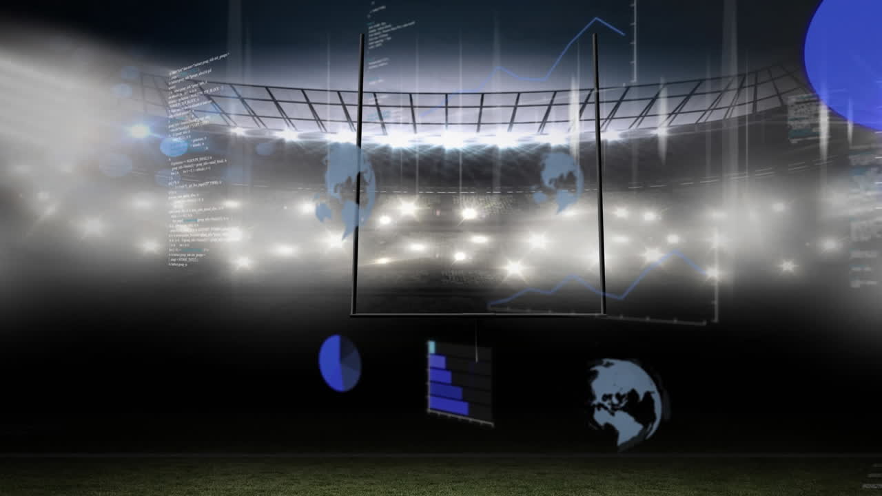 Animation of financial data processing over rugby pitch on sports stadium