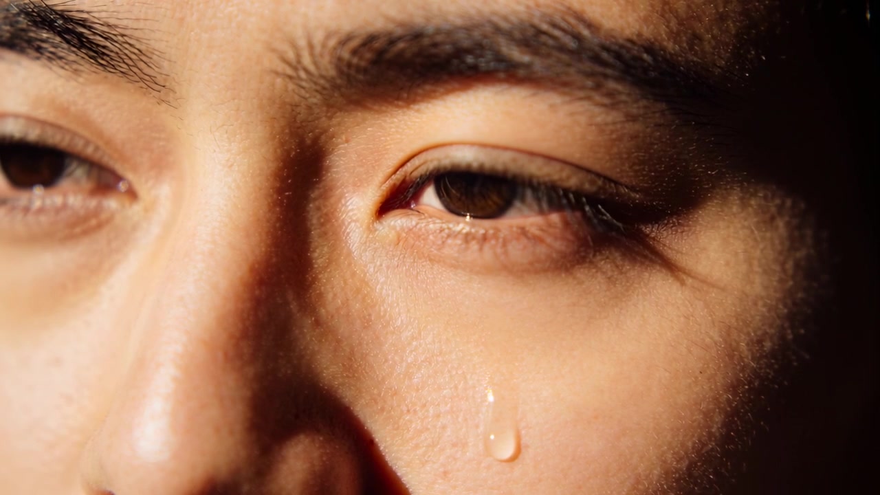 창문 근처에서 따뜻한 빛 아래, 작은 눈물 방울이 커지고 흘러내리는 것을 보여주며 흔들림 없는 시선을 유지하는 성인 여성