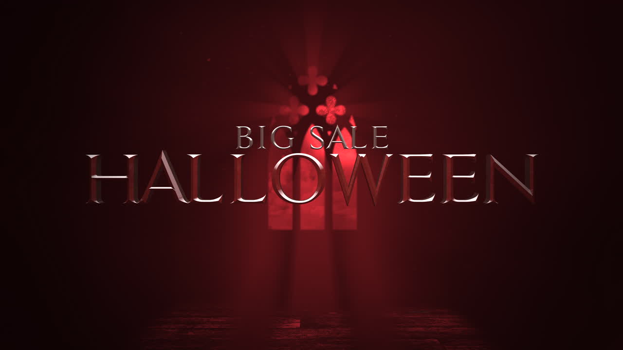 gran venta de halloween con ventana del viejo castillo con luz y cruces en la noche