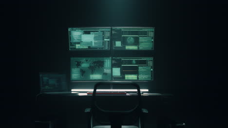 dark room computer setup with multiple monitors