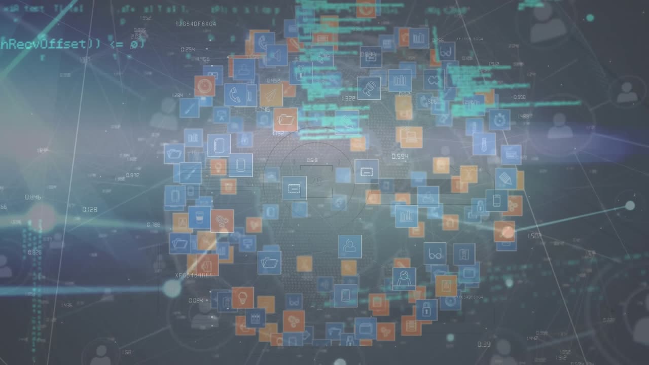 Animation of network of connections with data processing and icons on black background