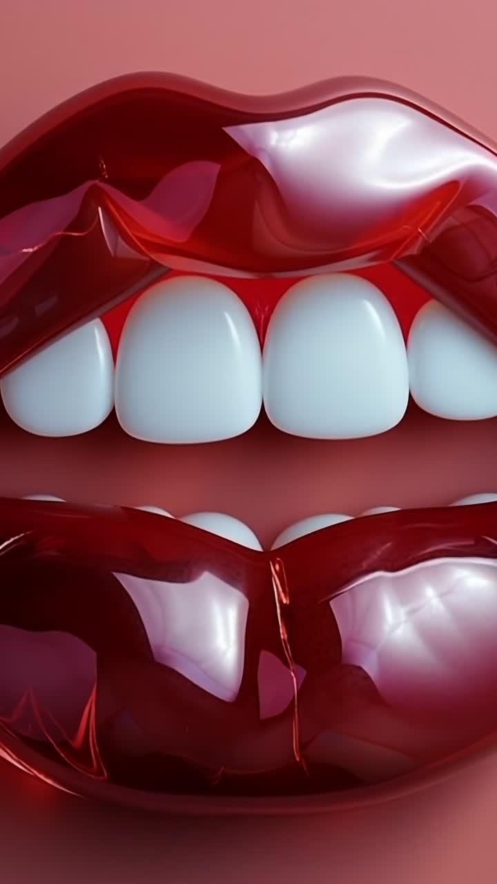 Candy red lips with teeth on display. Glossy red lips on candy contrast sharply with bright white teeth, drawing attention and curiosity.