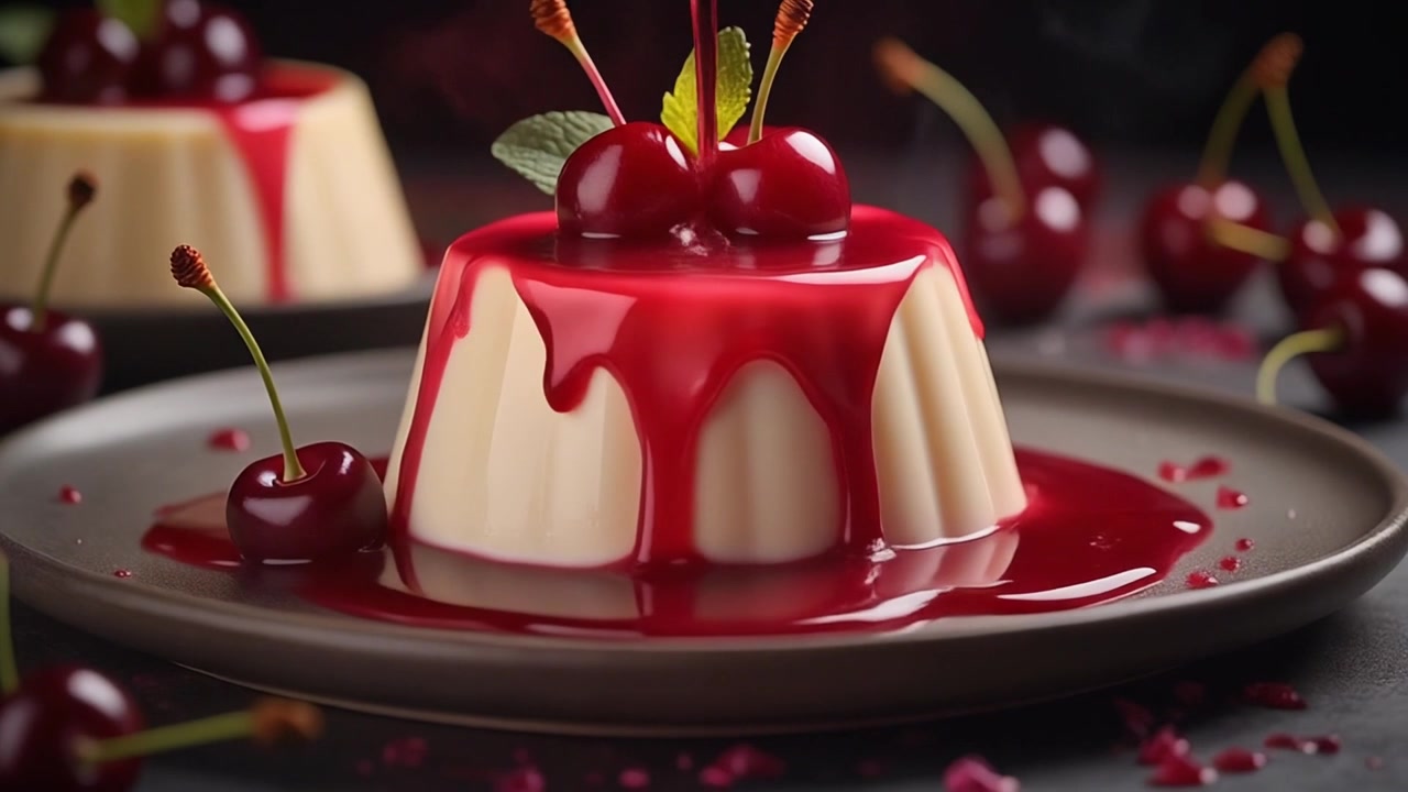Kremalı Panna Cotta Tatlısının Üzerine Dökülen Kırmızı Kiraz Sosu