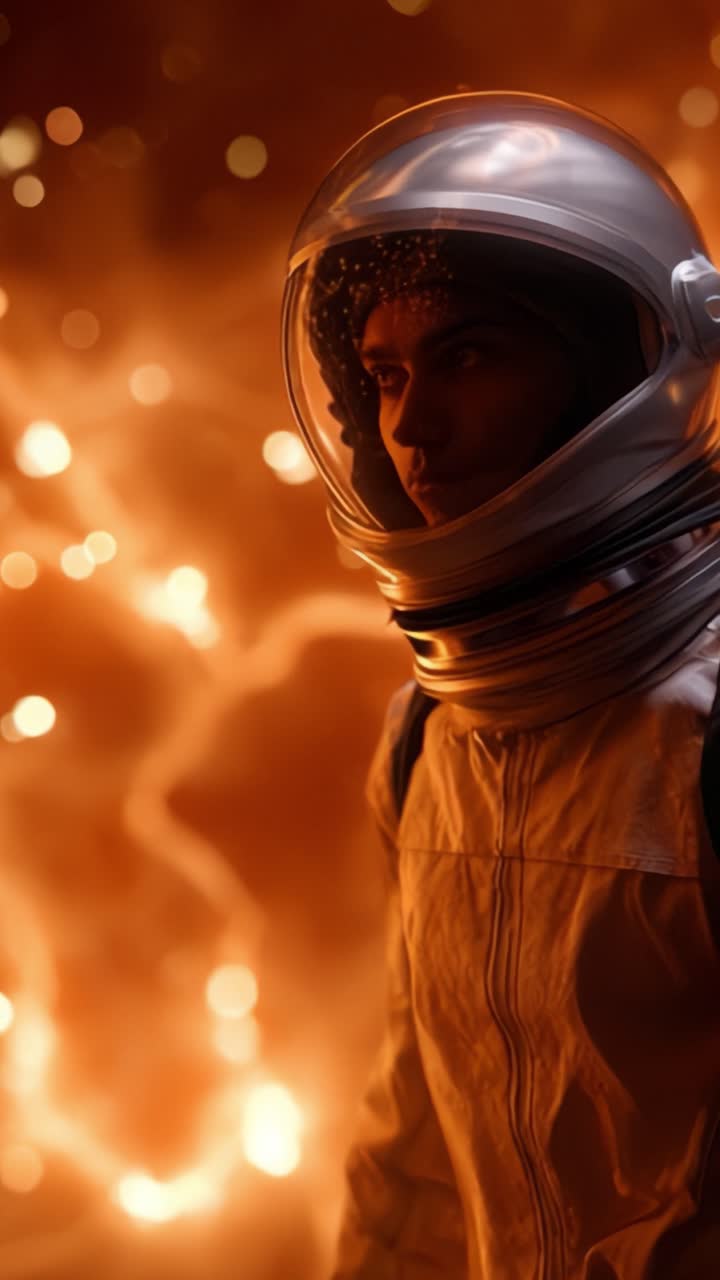 En fokuseret astronaut står mod en flammende, kosmisk baggrund, der legemliggør ånden af udforskning og eventyr med et eftertænksomt blik i et fængslende univers