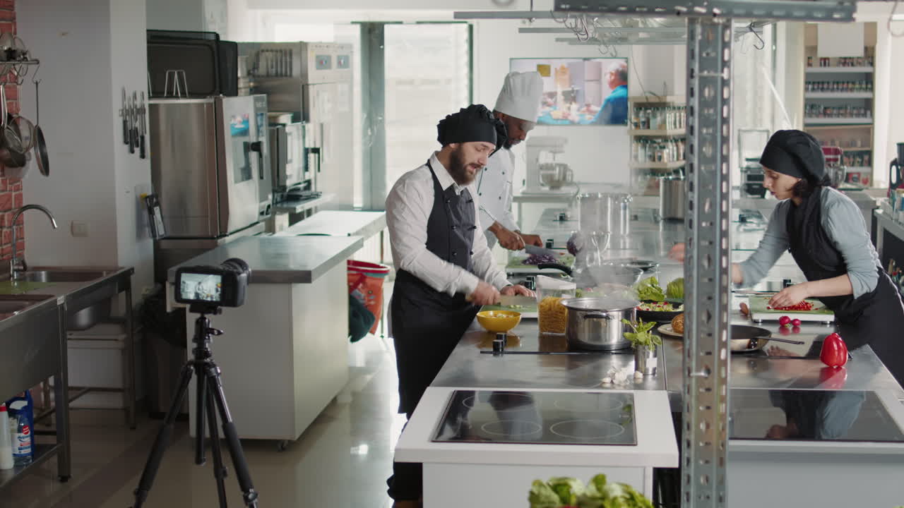 Professional cook filming cooking show video on camera