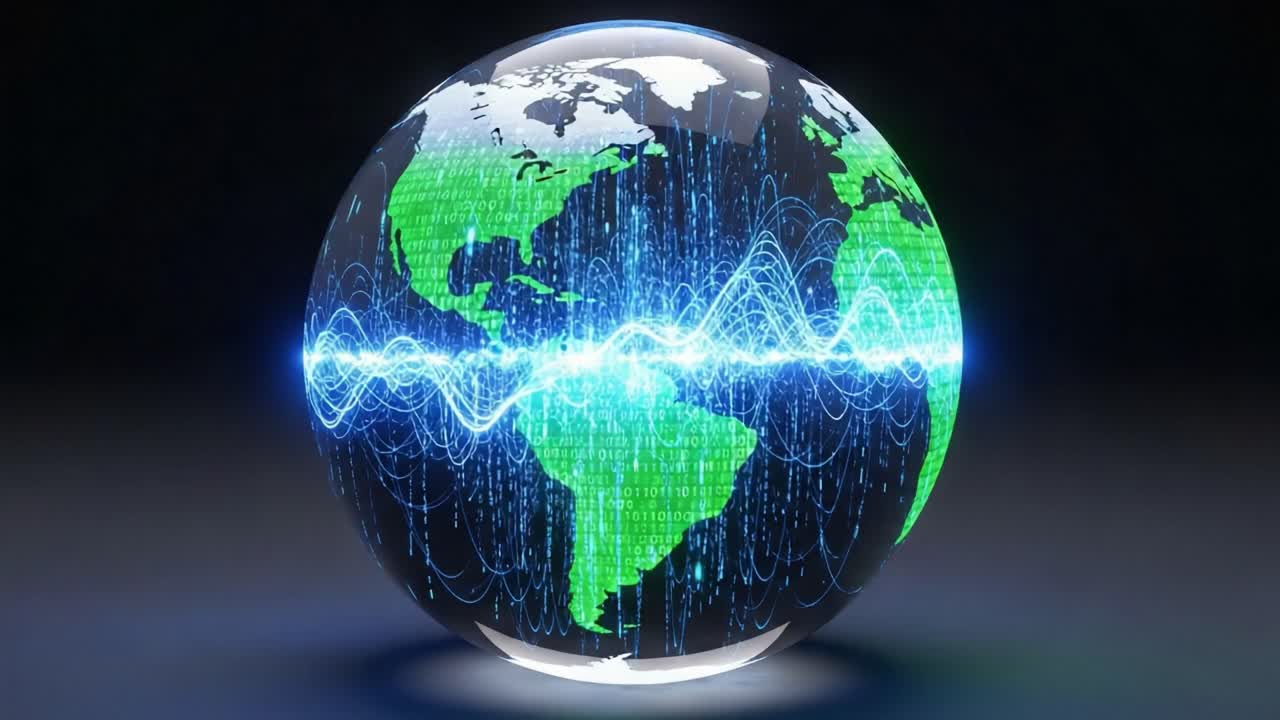 A Dynamic Digital Globe Showcasing Global Connectivity Through Vibrant Blue Waves and Green Landmasses, Representing Data Flow Across Continents