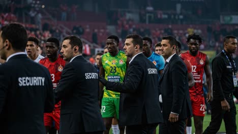 a thrilling encounter on the pitch: security personnel overseeing players after an intense match, capturing the tension and vigor of competitive sports