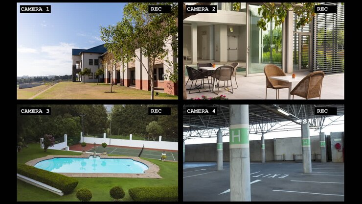 Four security camera views of luxury resort exterior, reception, pool and carpark, slow motion