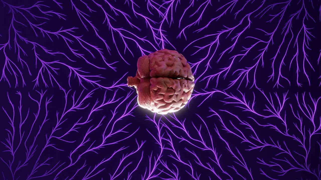 Human brain in center of glowing purple neural network pattern on dark background. Neuroscience, artificial intelligence and mental connectivity concept. Digital illustration with copy space
