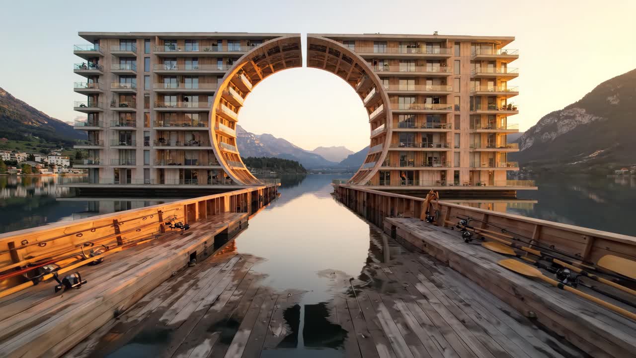 Edificio circolare moderno su lago con vista sulle montagne all'ora d'oro
