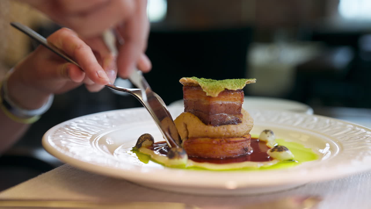 Person cutting a piece of meat with sauce on a gourmet plate.