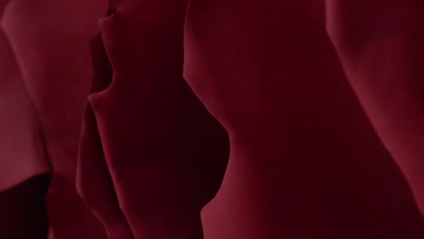 red animal hides moving on a automated hanging drying rack in a leather factory, close up shot