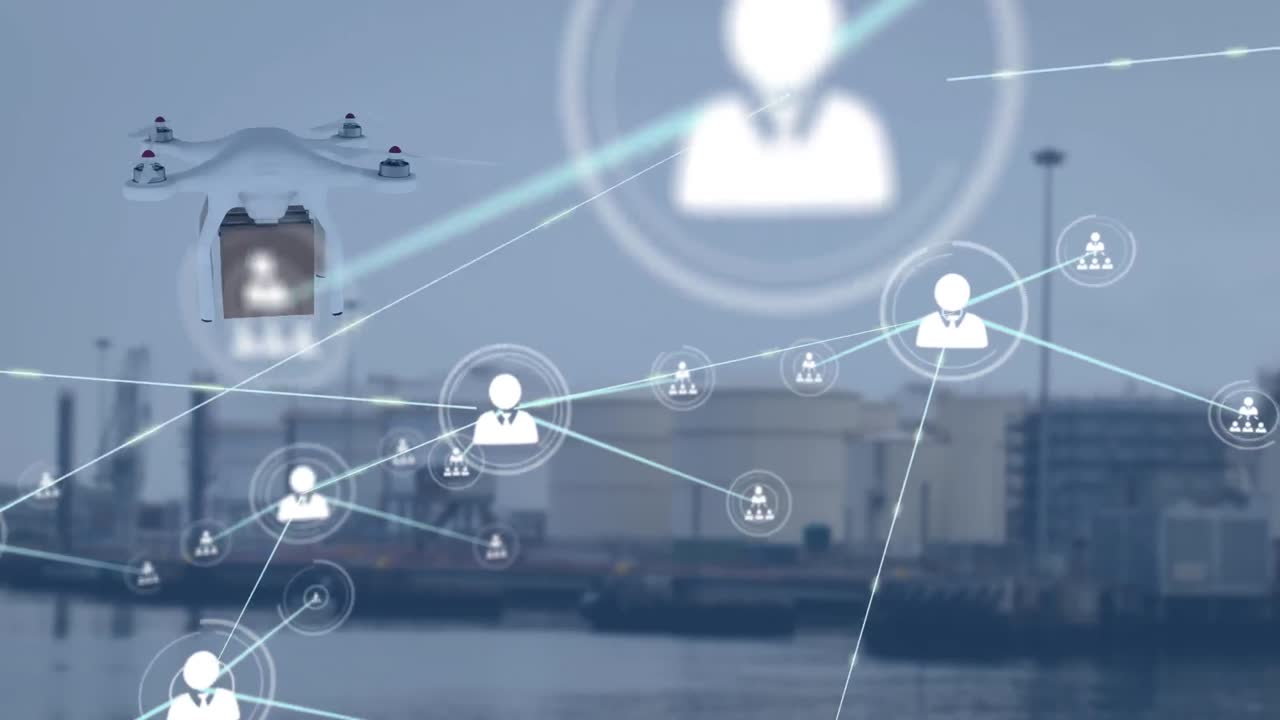 아이콘과 배달 드론을 가진 연결 네트워크의 애니메이션 항구