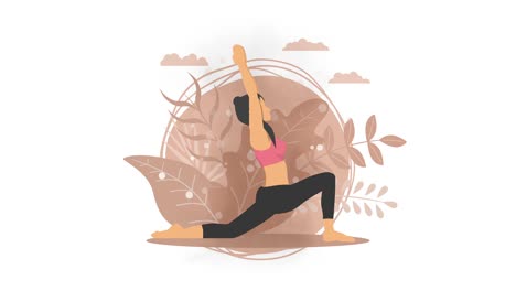 woman does yoga exercise in nature. crescent moon pose. female cartoon character demonstrating yoga pose. healthy lifestyle. loop animation.