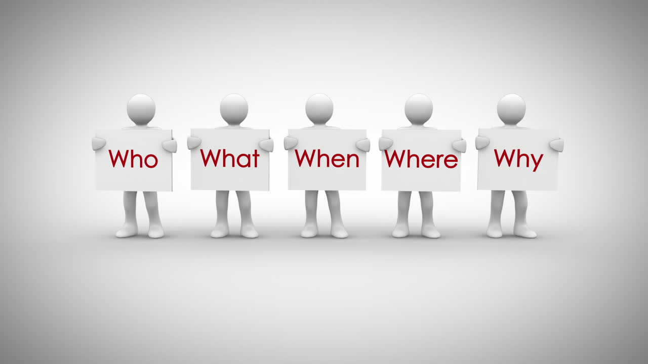 질문 단어를 말하는 표지판을 보여주는 색 문자