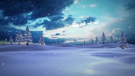 Animation-of-father-christmas-in-sleigh-silhouette-flying-over-snowy-winter-scenery