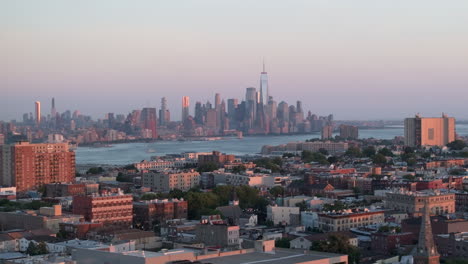 Aerial view of the World Trade Center at dusk. Shot in New Jersey looking towards Lower Manhattan