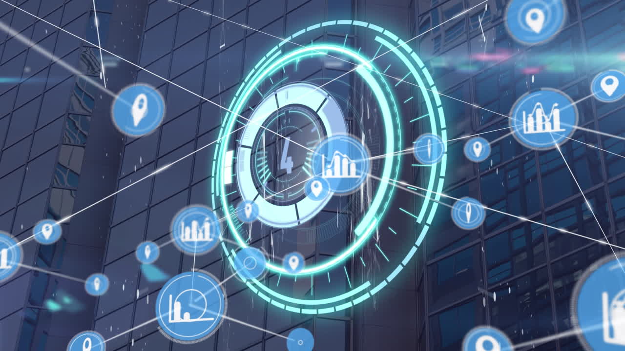 건물 위의 아이콘과 연결 네트워크의 애니메이션