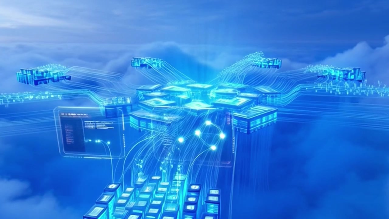 Digital Data Network Connected Above Clouds