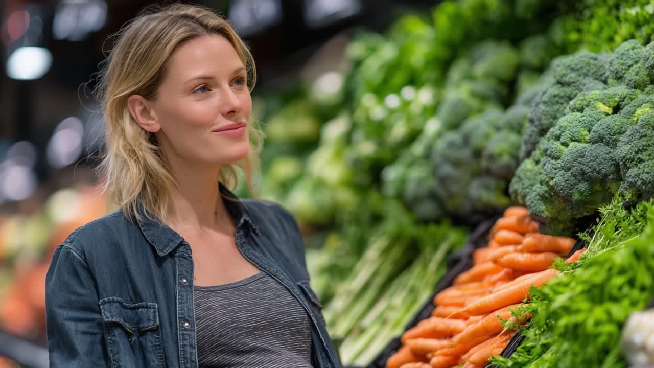 Una Gioiosa Futura Mamma Deliziata dai Prodotti Freschi in un Vivace Supermercato, che Abbraccia Scelte Salutari per la sua Famiglia in Crescita