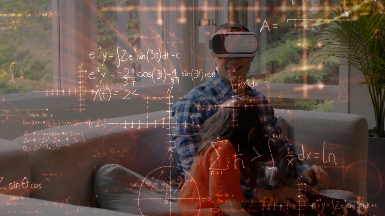 animación de dibujos matemáticos y ecuaciones sobre padre e hija usando auriculares vr