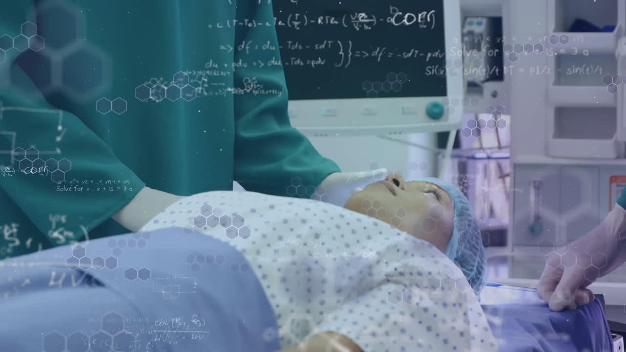 수학 방정식이 떠다니는 남성 외과 의사가 수술실에서 여성 환자와 이야기하고 있습니다.