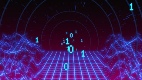 animación de codificación binaria y montañas digitales sobre círculos