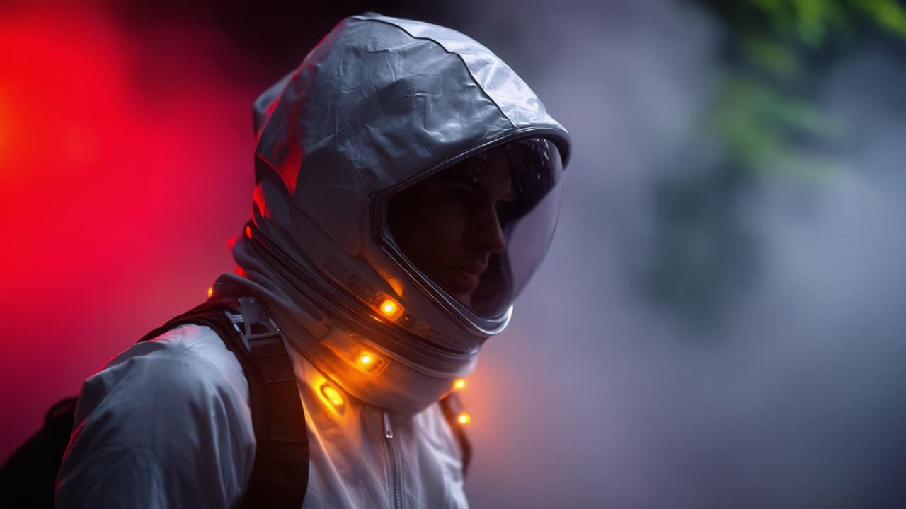 En mystisk astronaut står midt i et tåget miljø med subtile glødende lys, der fanger intriger og det ukendte i en overjordisk setting.