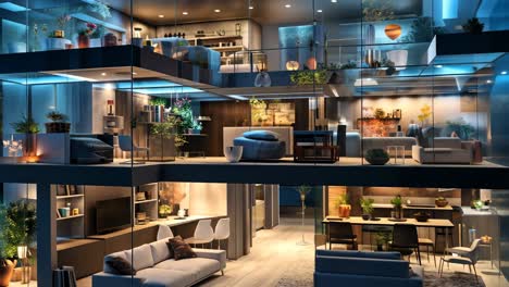 modern glass house, open design, lit at night in a tranquil setting