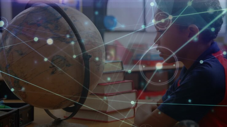 Animation of network of connections with icons over african american boy with globe at school