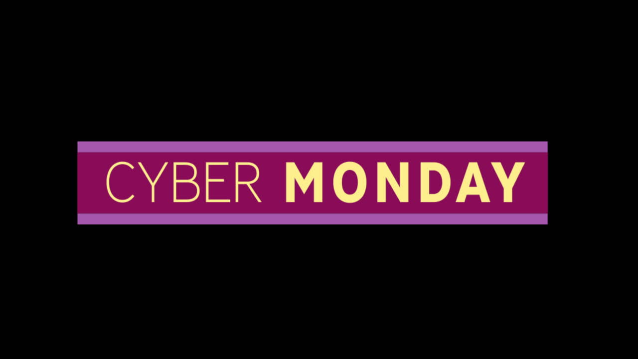 texto amarillo y púrpura de cyber monday que aparece contra una pantalla negra