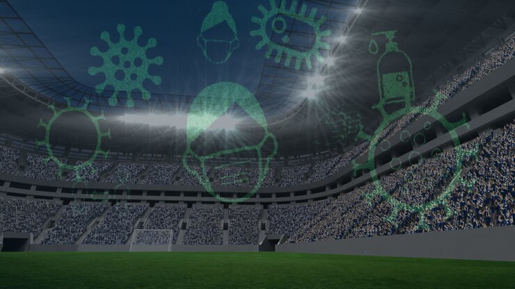 Icone concettuali del Coronavirus su sfondo di stadio sportivo vuoto
