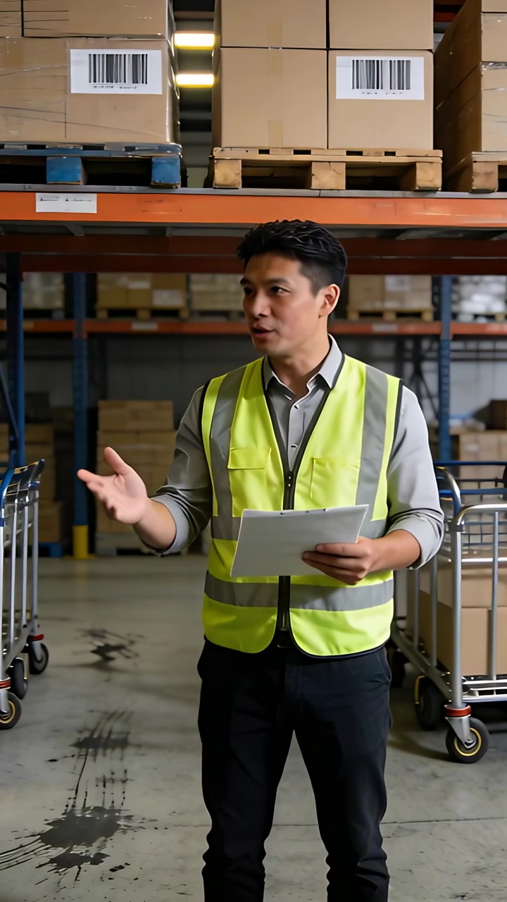 Vertical video: Pointing lead in hivis checking list and directing crew in warehouse aisle, pallets